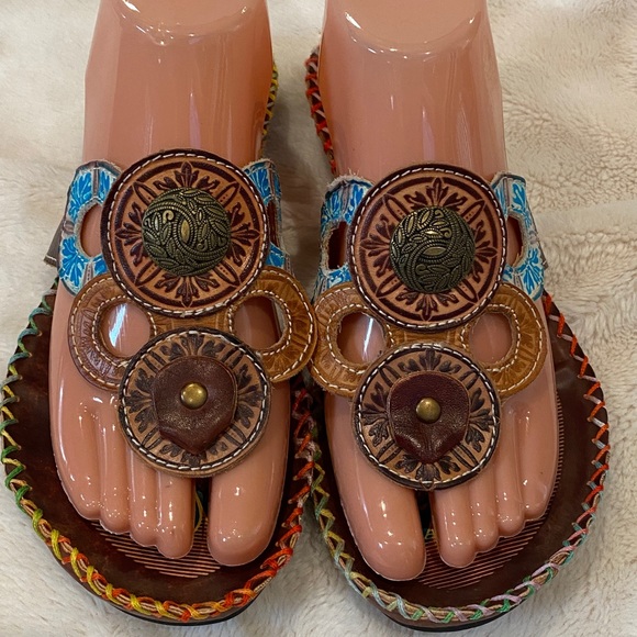 Corkys Antiqua Leather Hand-Painted Boho Toe Post Thong Sandals Size 7 VGC - Picture 2 of 11